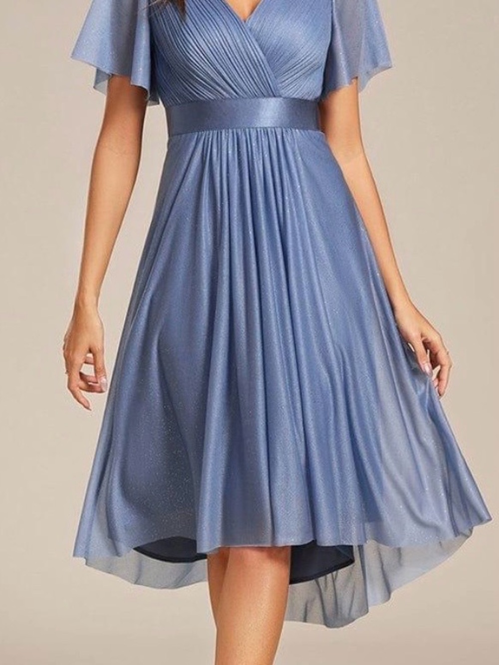 Ever Pretty Dusty Blue V‑Neck High‑Low Midi Dress